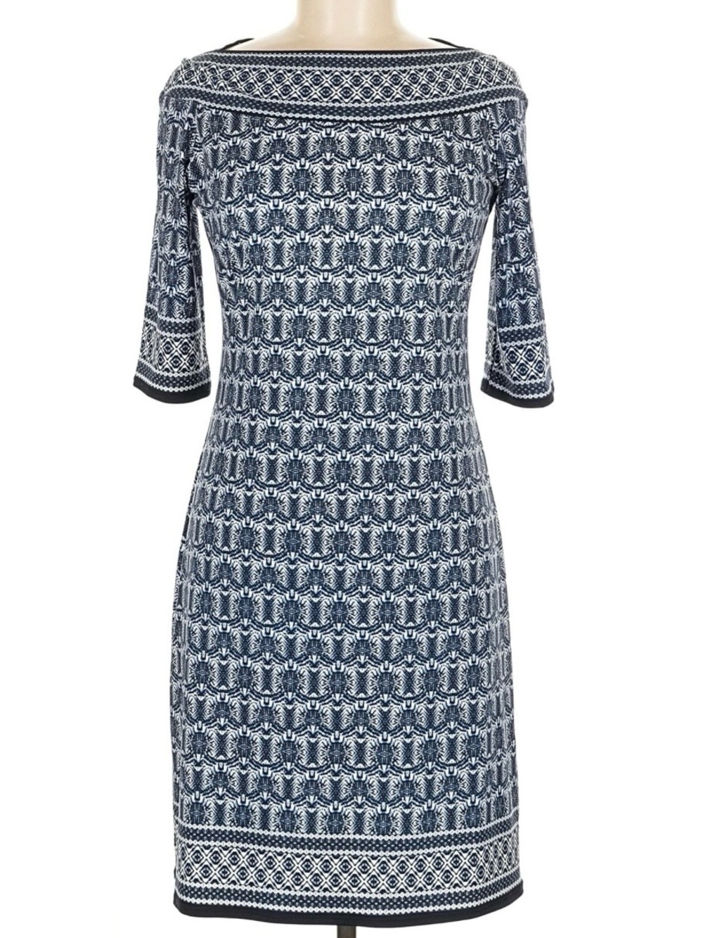 NWT Max Studio Blue Geometric Boat Neck Half Sleeve Sheath Knee Length Dress XL